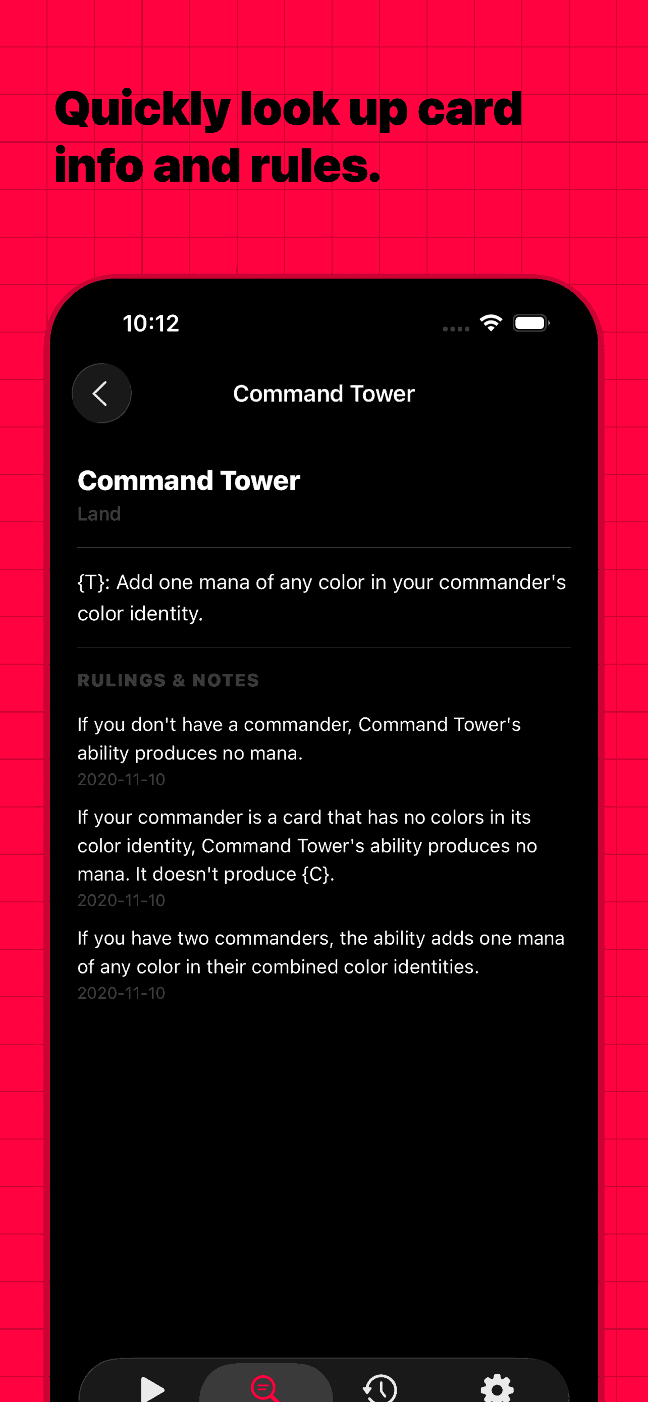Quickly look up card info and rules.